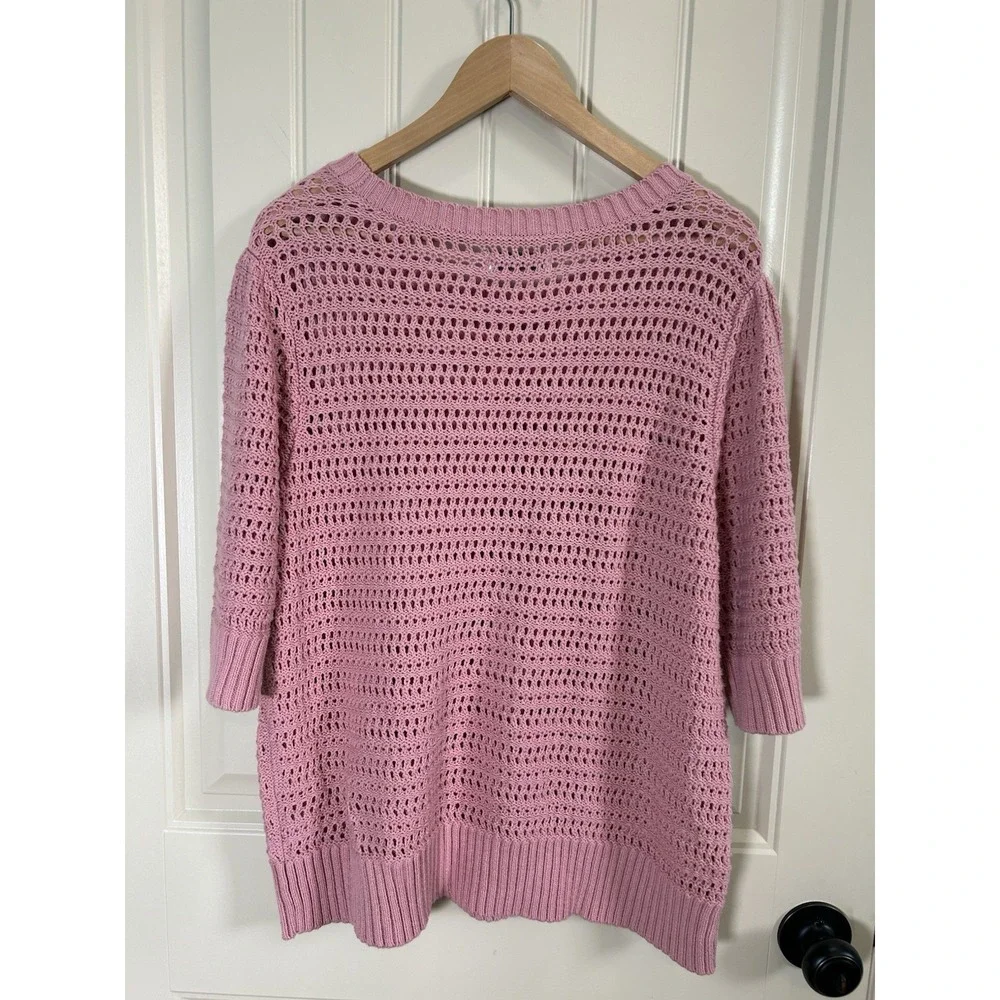 Sonoma Women Crochet Sweater XL Pink Short Sleeve Cotton Knit Boho Pullover
